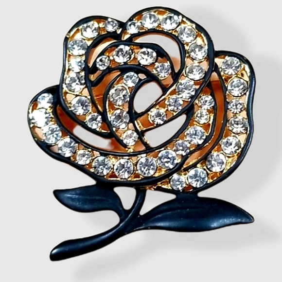 Vintage Jewelry - Vintage Black Enamel Rose Rhinestone Gold Tone Brooch